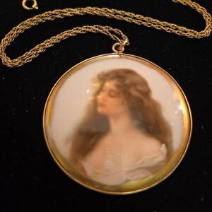Vintage Hand Painted Portrait Minature Necklace Gold Tone